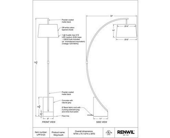 Weymouth Floorstanding Lamp by Renwil