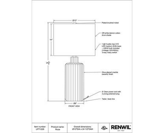 Roza Table Lamp by Renwil