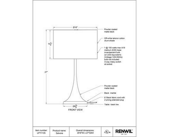 Salvora Table Lamp by Renwil
