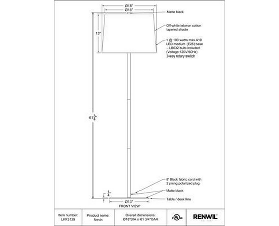 Nevin Floorstanding Lamp by Renwil