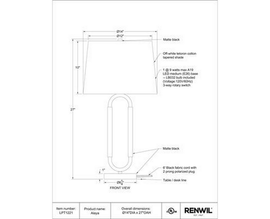 Alaya Table Lamp by Renwil
