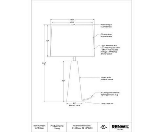 Vevey Table Lamp by Renwil