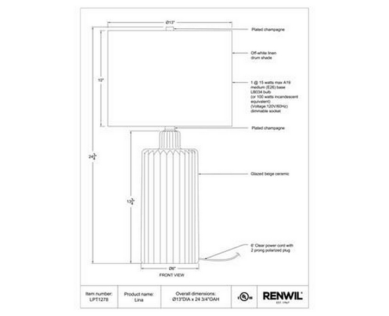 Lina Table Lamp by Renwil