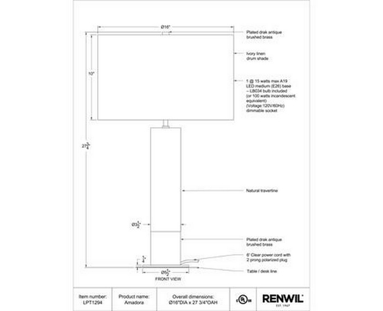 Amadora Table Lamp by Renwil
