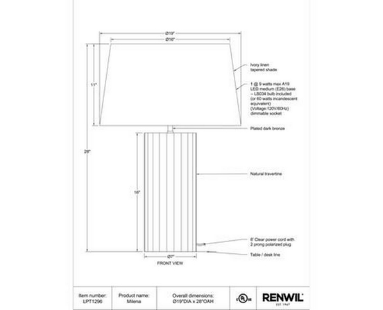 Milena Table Lamp by Renwil
