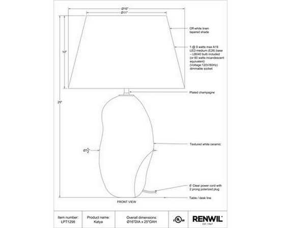 Katya Table Lamp by Renwil