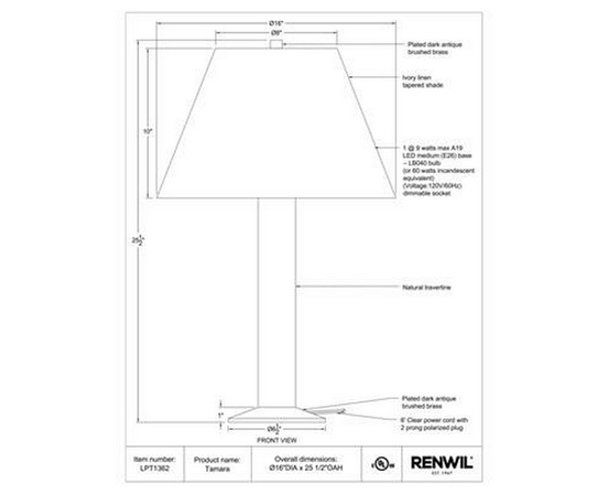 Tamara Table Lamp by Renwil