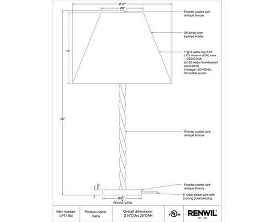 Veria Table Lamp by Renwil