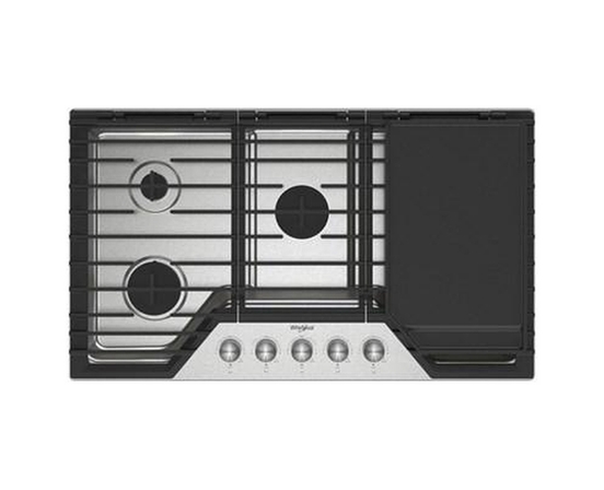 Whirlpool 36-Inch Built-In Gas Cooktop With 2-In-1 Hinged Grate To Griddle - WCGK7536PS