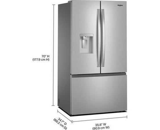 Whirlpool 36-Inch, 30 Cu. Ft. Freestanding French 3-Door Refrigerator With External Water And Ice Dispensing System - WRFF3536SZ
