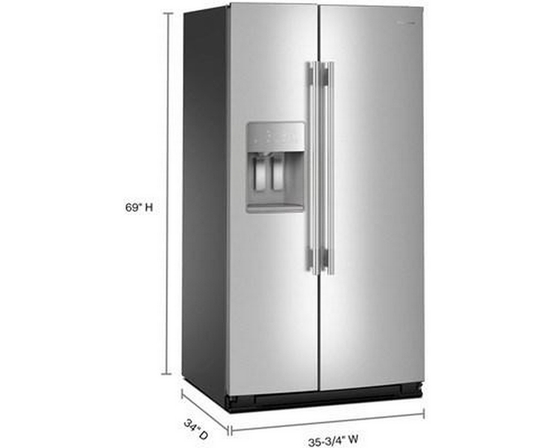 KitchenAid 36-Inch, 28 Cu. Ft. Side-By-Side Refrigerator With Ice And Water Dispenser - KRSF536RPS